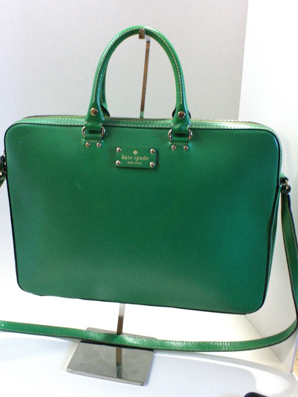 Kate Spade Tanner Boar, Wellesly Green Leather Laptop Bag with Gold Hardware